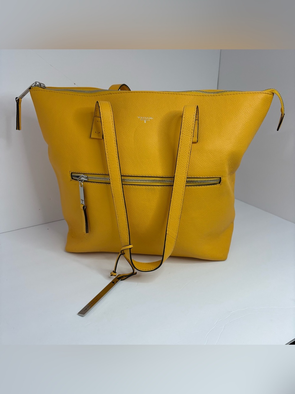 Tahari Yellow Leather Tote with Front Zip Pocket